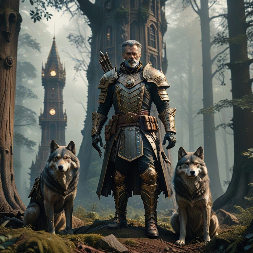 Steampunk General with Wolves in Ancient Forest
