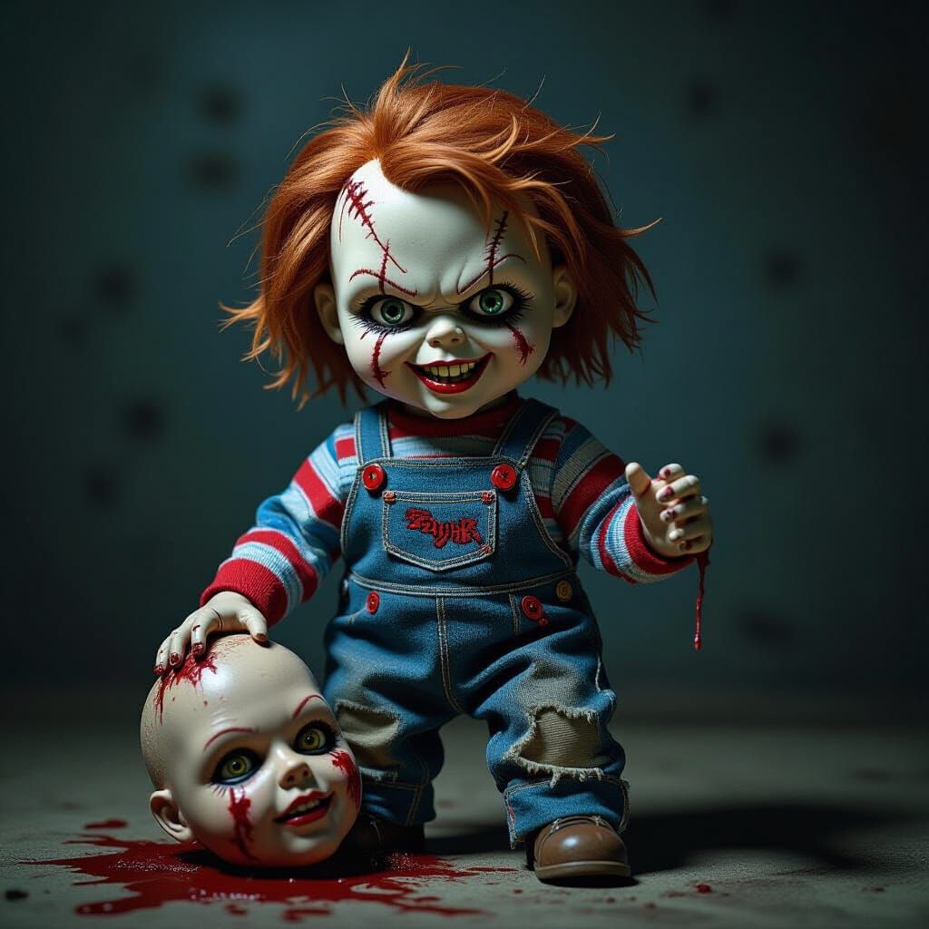 Creepy Chucky Doll Holding Severed Head in Dark Style