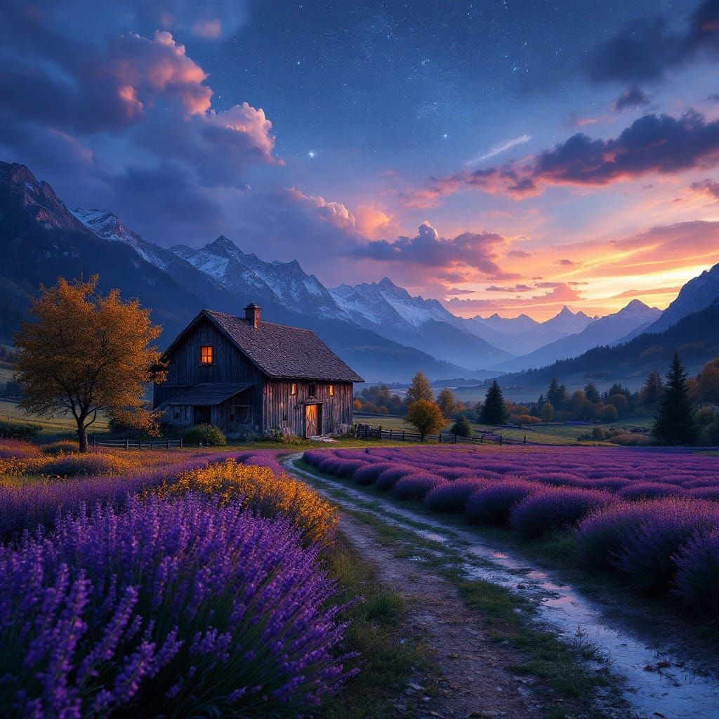 Autumn Lavender Scenes in Swiss Countryside at Night
