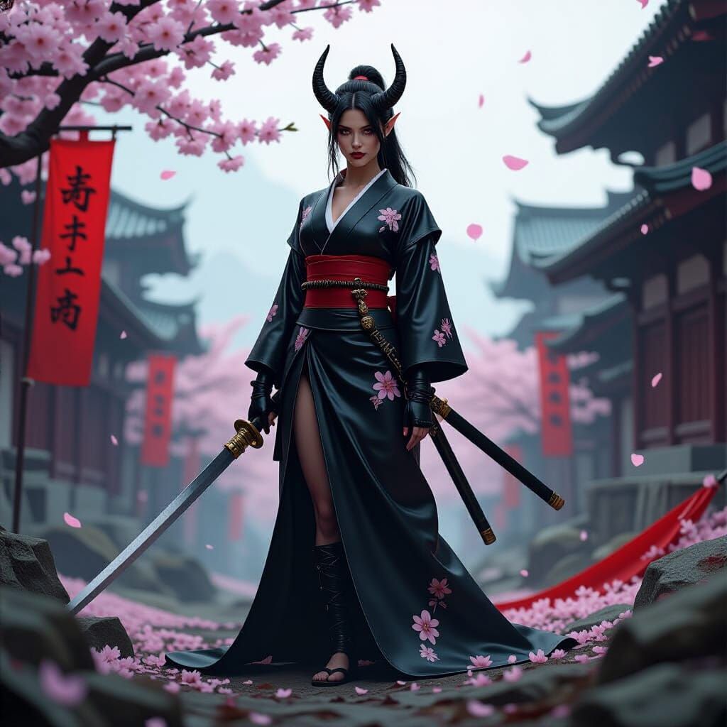 Tiefling Warrior in Latex Kimono on Battlefield