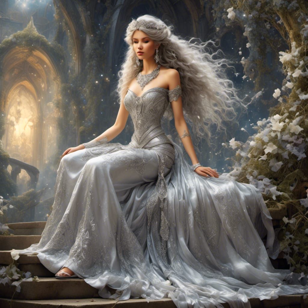 Woman in Silver Gown with Ethereal Glow
