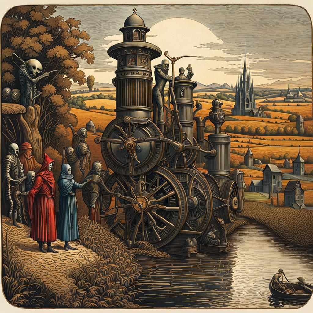 Steampunk Wooden Man Mills Wheat by River