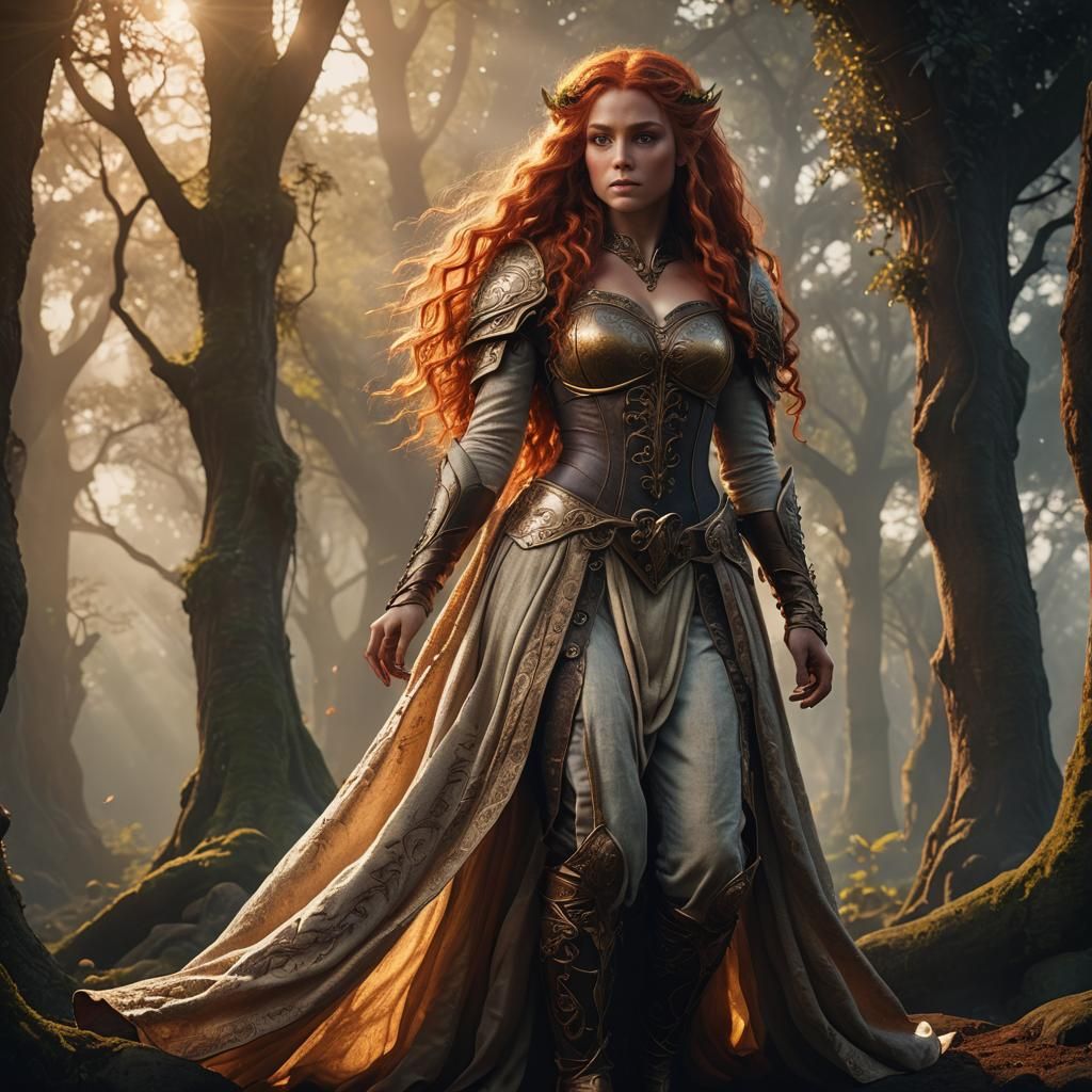 Voluptuous Elf with Red Hair in Golden Light