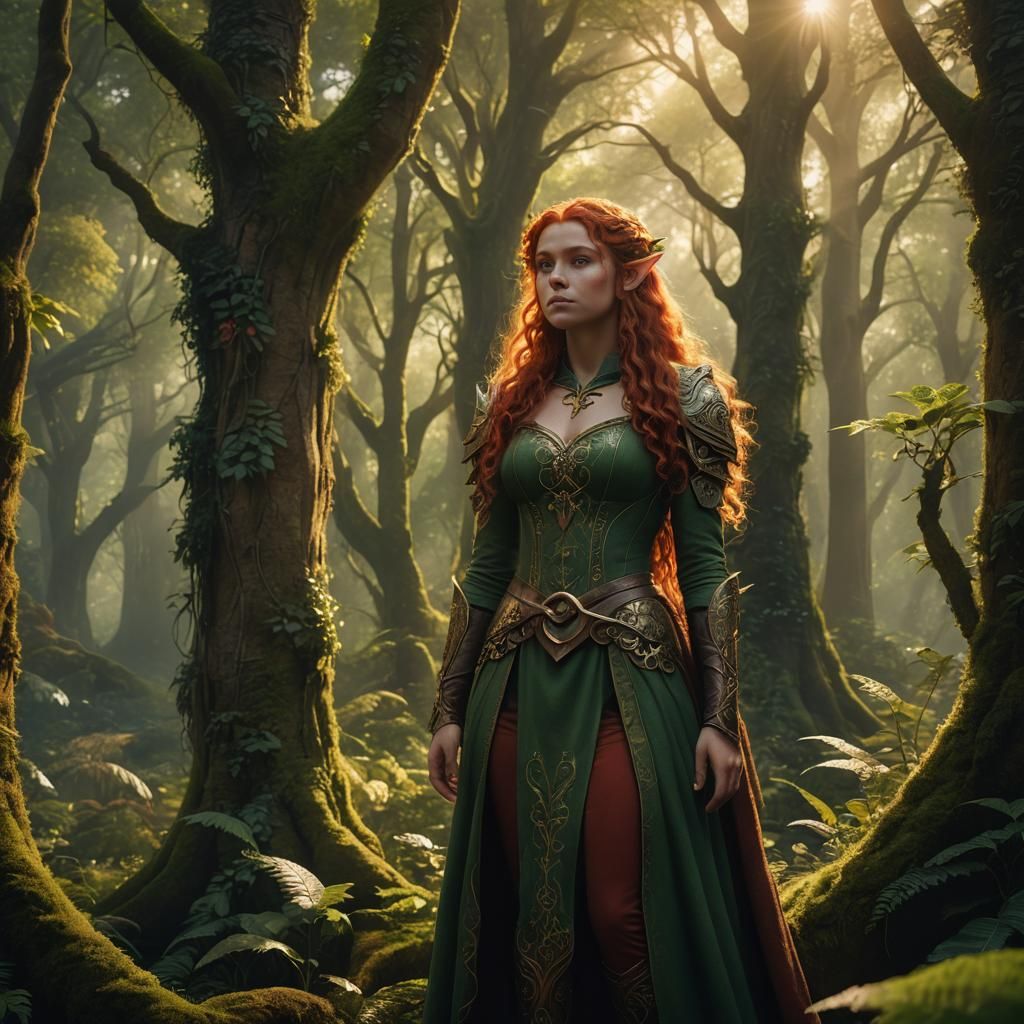 Voluptuous Elf in Mystical Forest: Digital Matte Painting