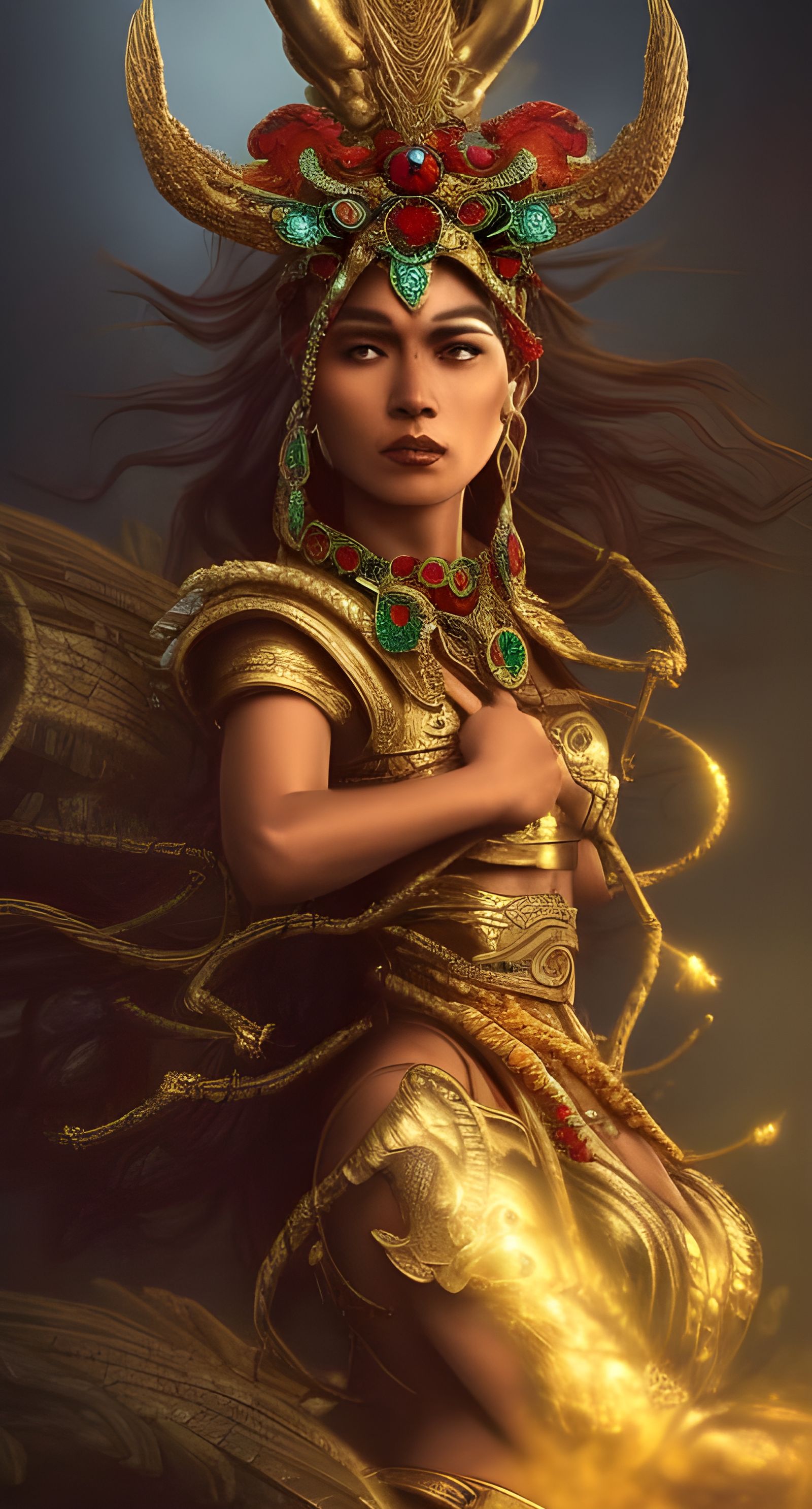 Ornate Mexican Warrior Woman with Golden Dragon