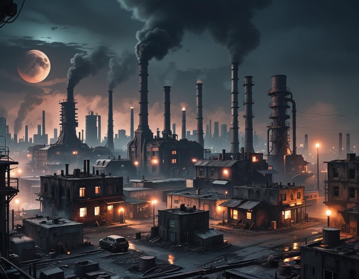 Dystopian Dieselpunk Cityscape with Rusty Metal Factories