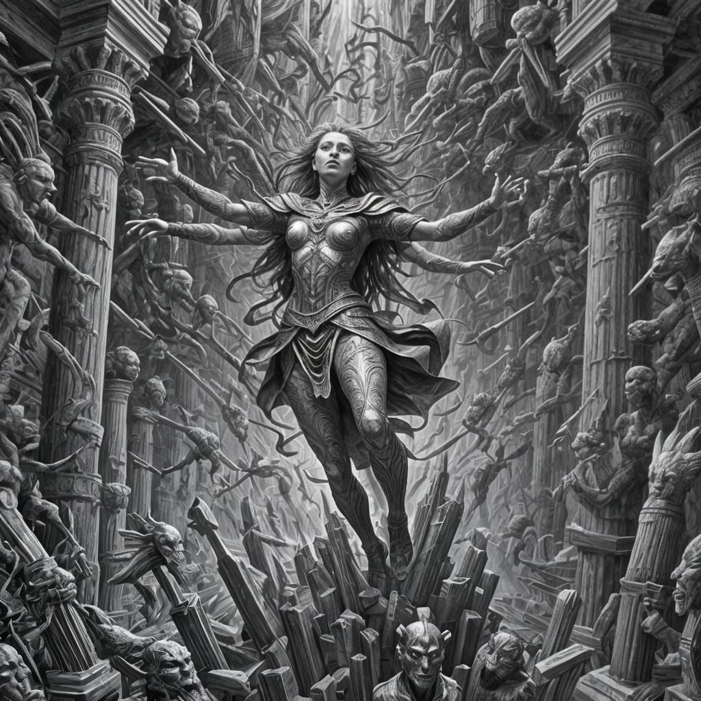 Mystical Being with Weapons in Surreal Pencil Sketch