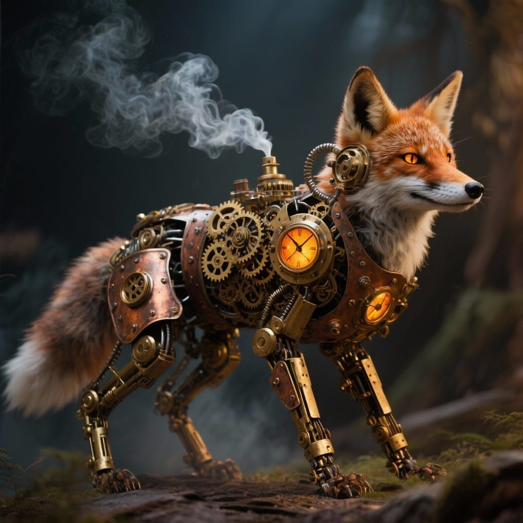 Steampunk Fox Made of Gears and Copper