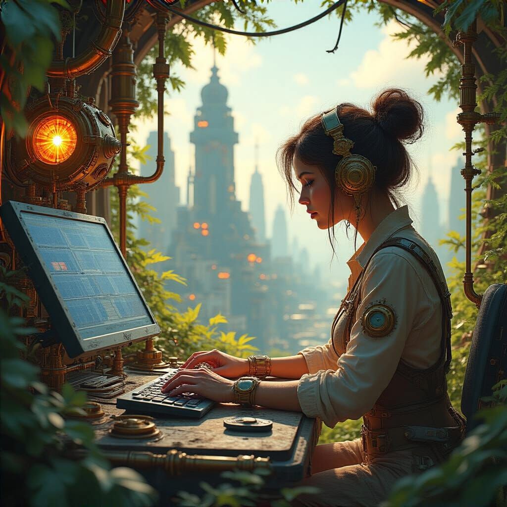 Futuristic Woman Works on Computer in Lush Overgrown Citysca...