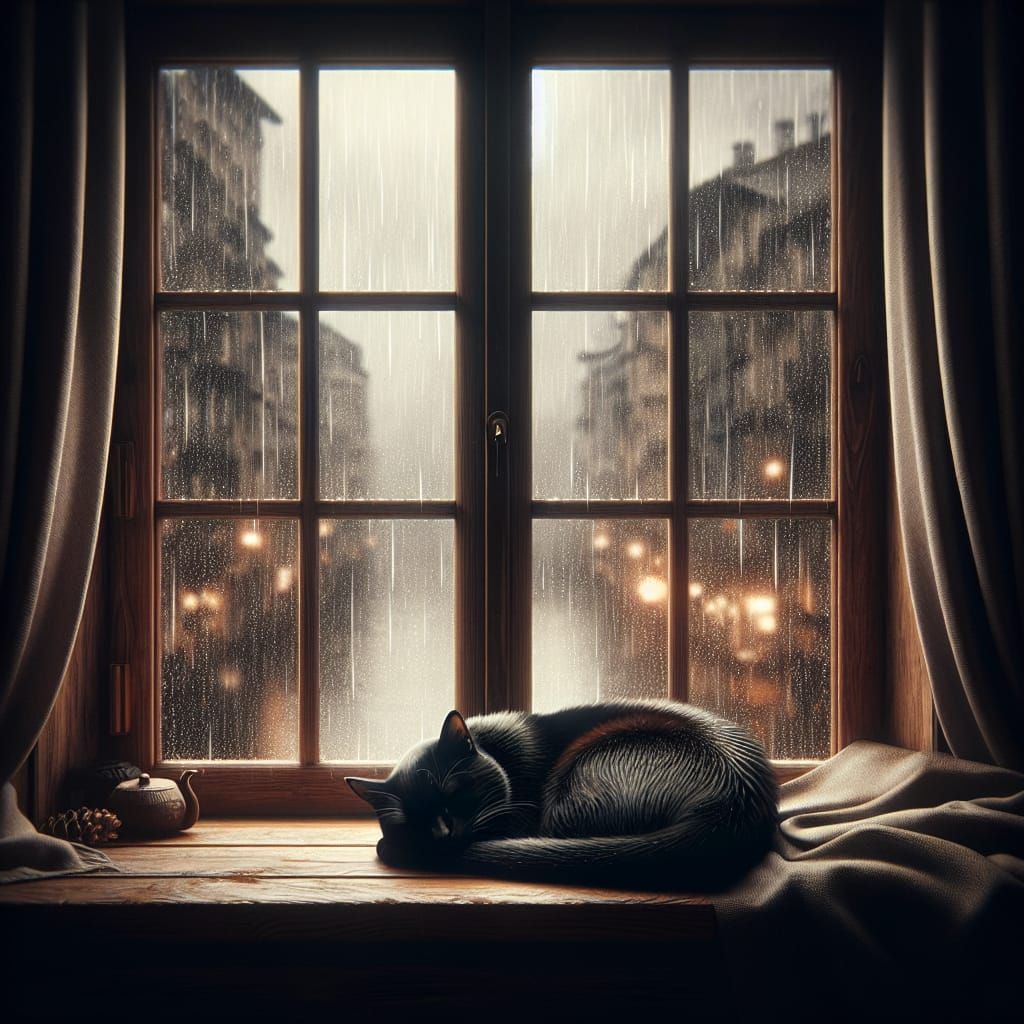Cozy Black Cat Napping on Rainy Day