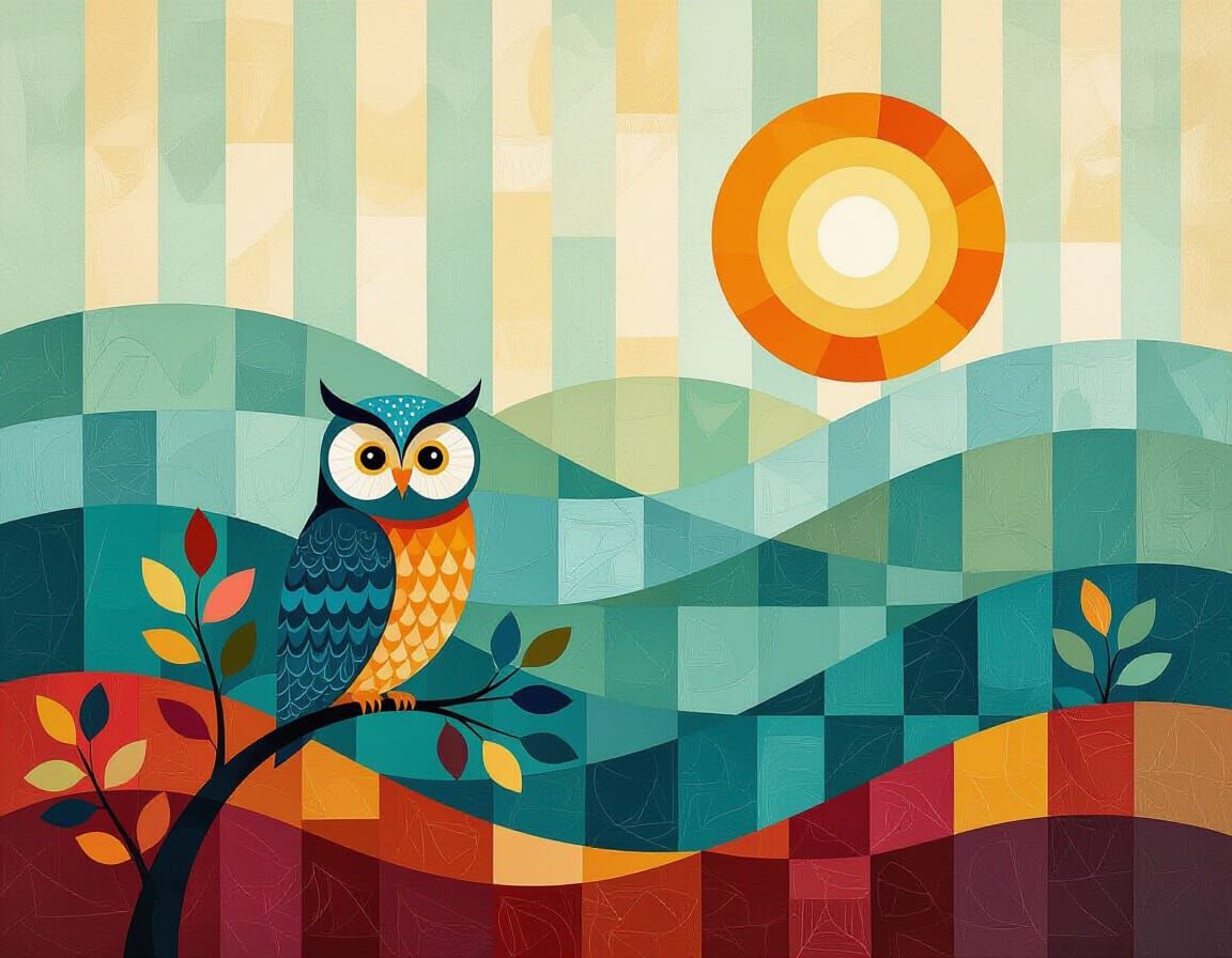 Owl in Foggy Gradient Oil Painting with Light Orbs