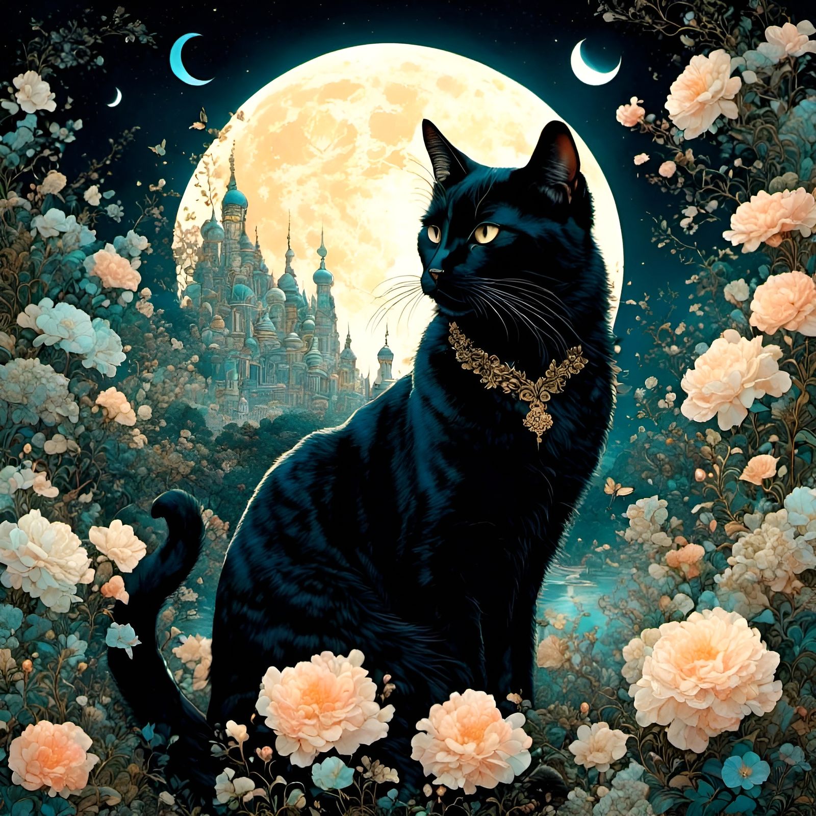 Dreamy Dark Fantasy Cat Portrait with Flowers