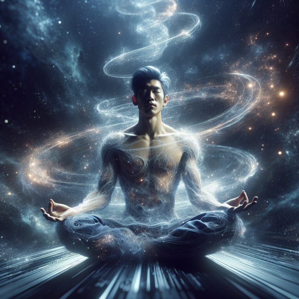 Meditating Man Surrounded by Cosmic Energy in Digital Painti...