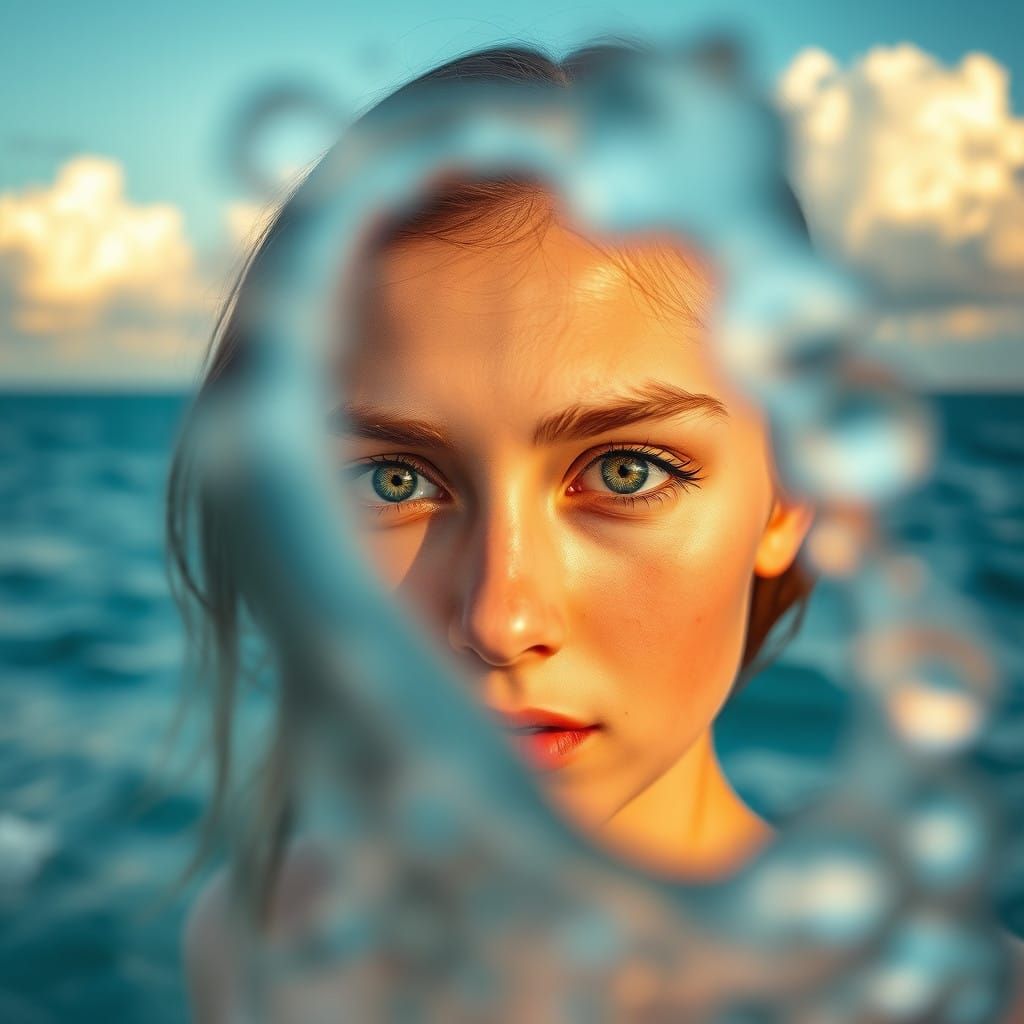 Serene Ocean Goddess with Turquoise Eyes, Vibrant Portrait i...