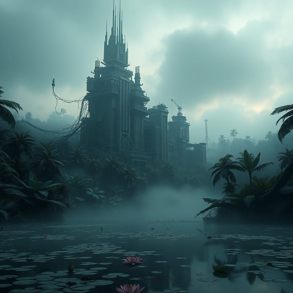 Dark Jungle Enshrouds Futuristic City by a Mysterious Moody...
