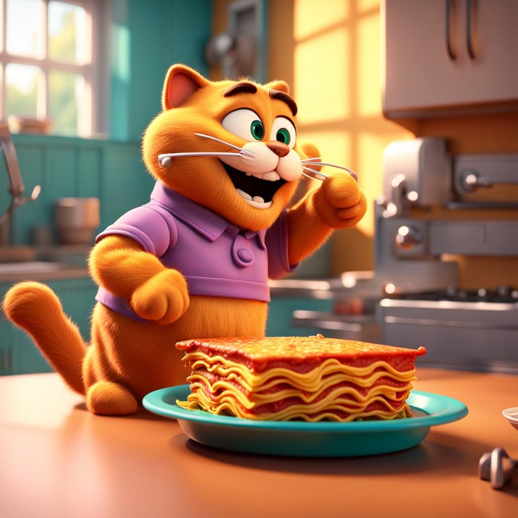 Garfield and Lasagna in Pixar 3D Style