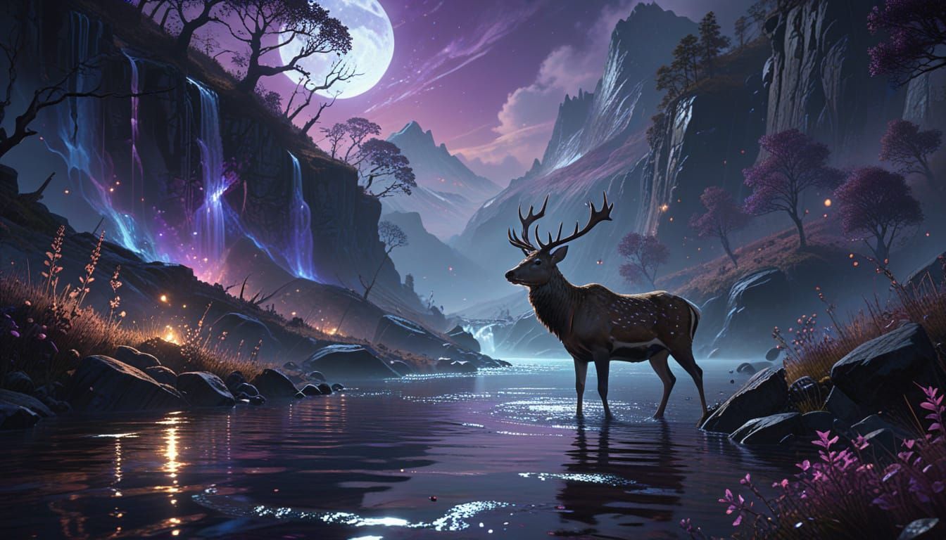 Deer at River in Dark Fantasy Landscape