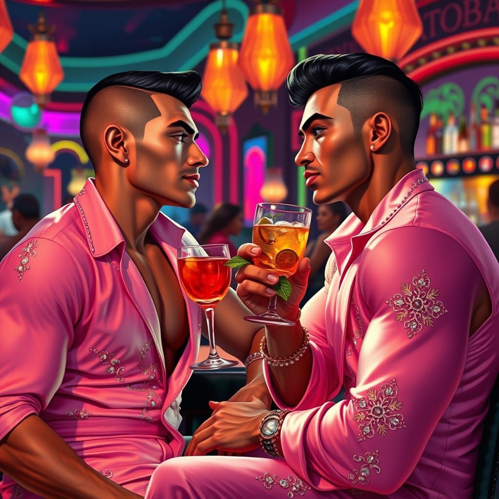Indian Men in Neon-Lit Bar, Art Nouveau Style