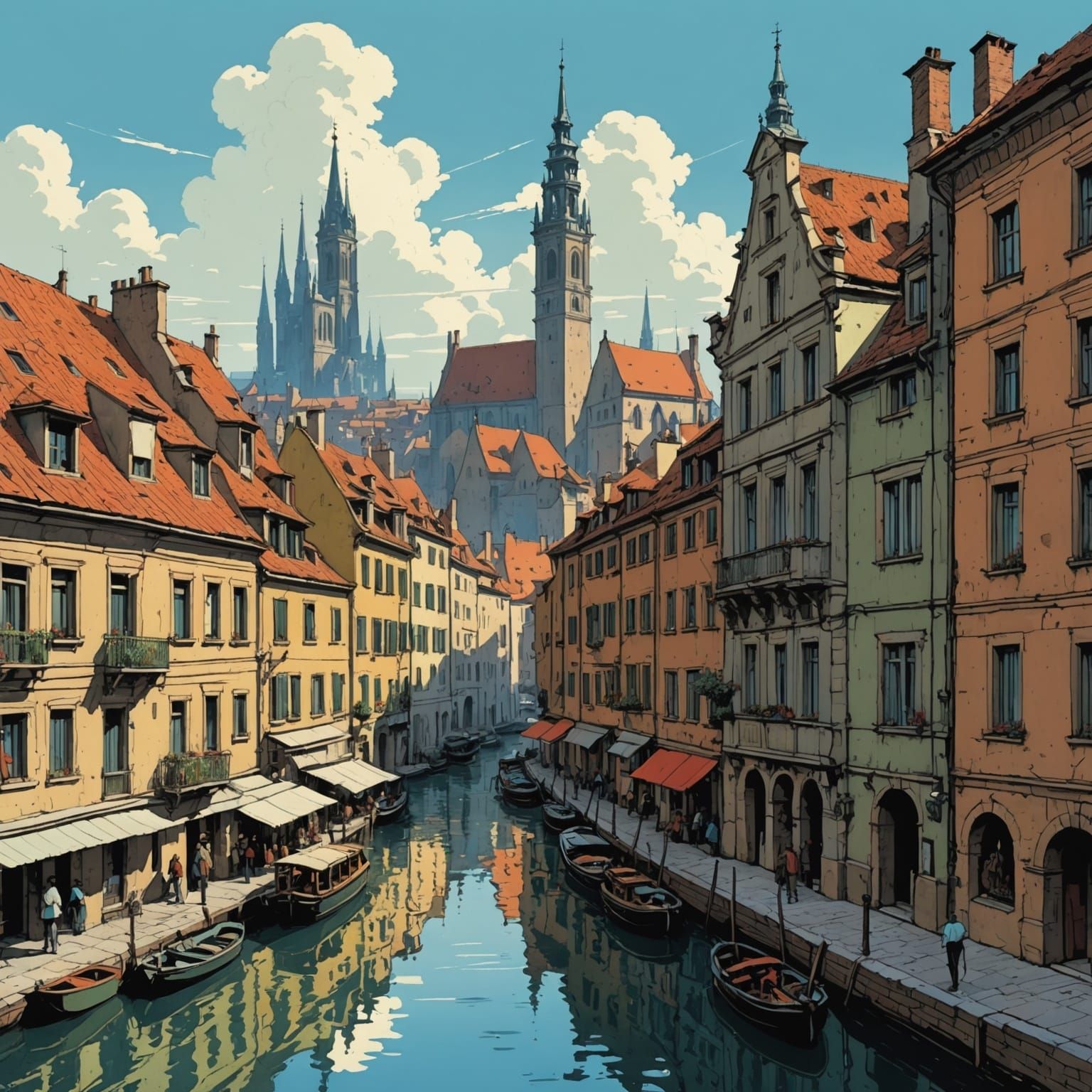 Impressionist Cityscape Inspired by Moebius and Canaletto