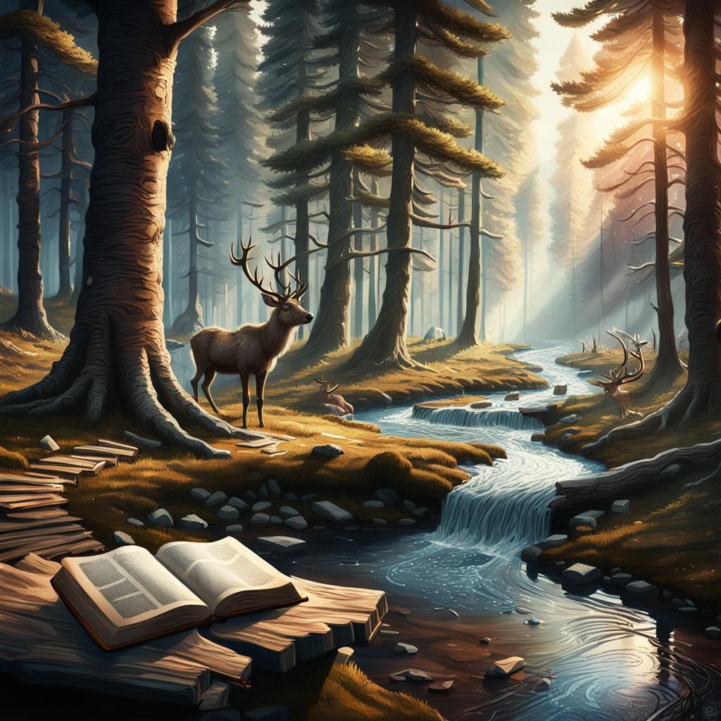 Fantastical Forest Landscape with Reindeer and Open Book