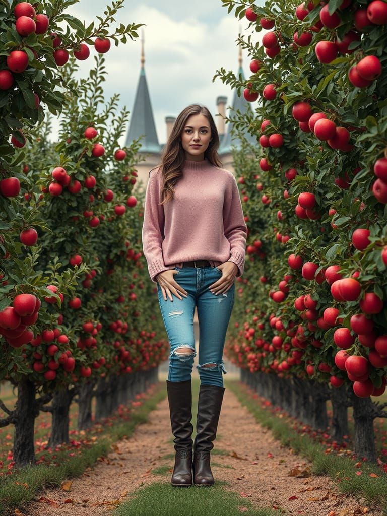 Woman in Apple Orchard: Cinematic Oil Painting