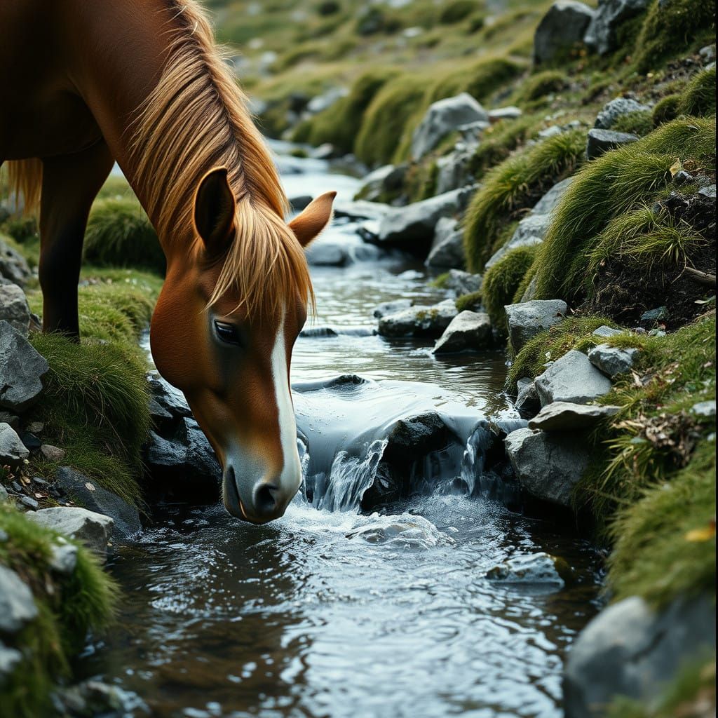 Ethereal Horse Drinks from Serene Mountain Waterfall