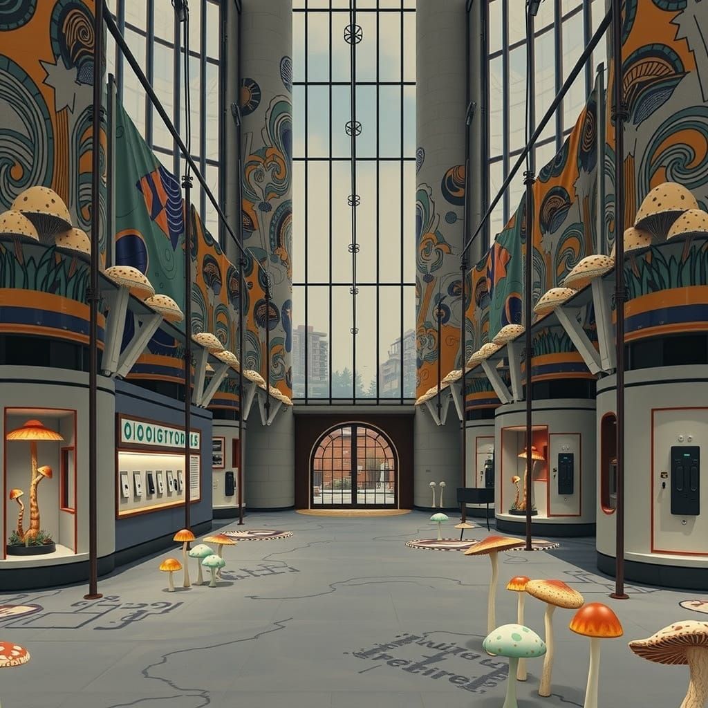 Whimsical Futuristic Cabin Sculpture with Mushroom Flags and...