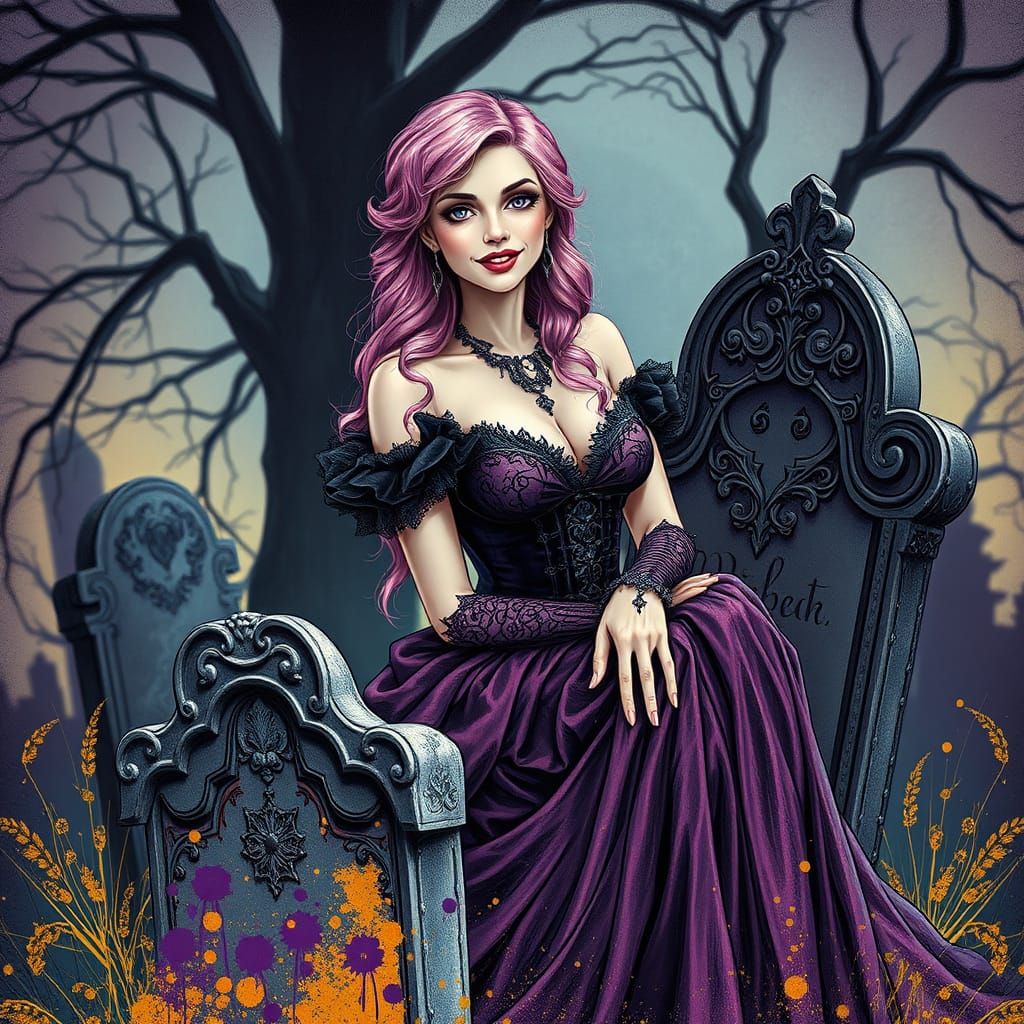 Woman in Gothic Gown on Tombstone, Dark Fantasy