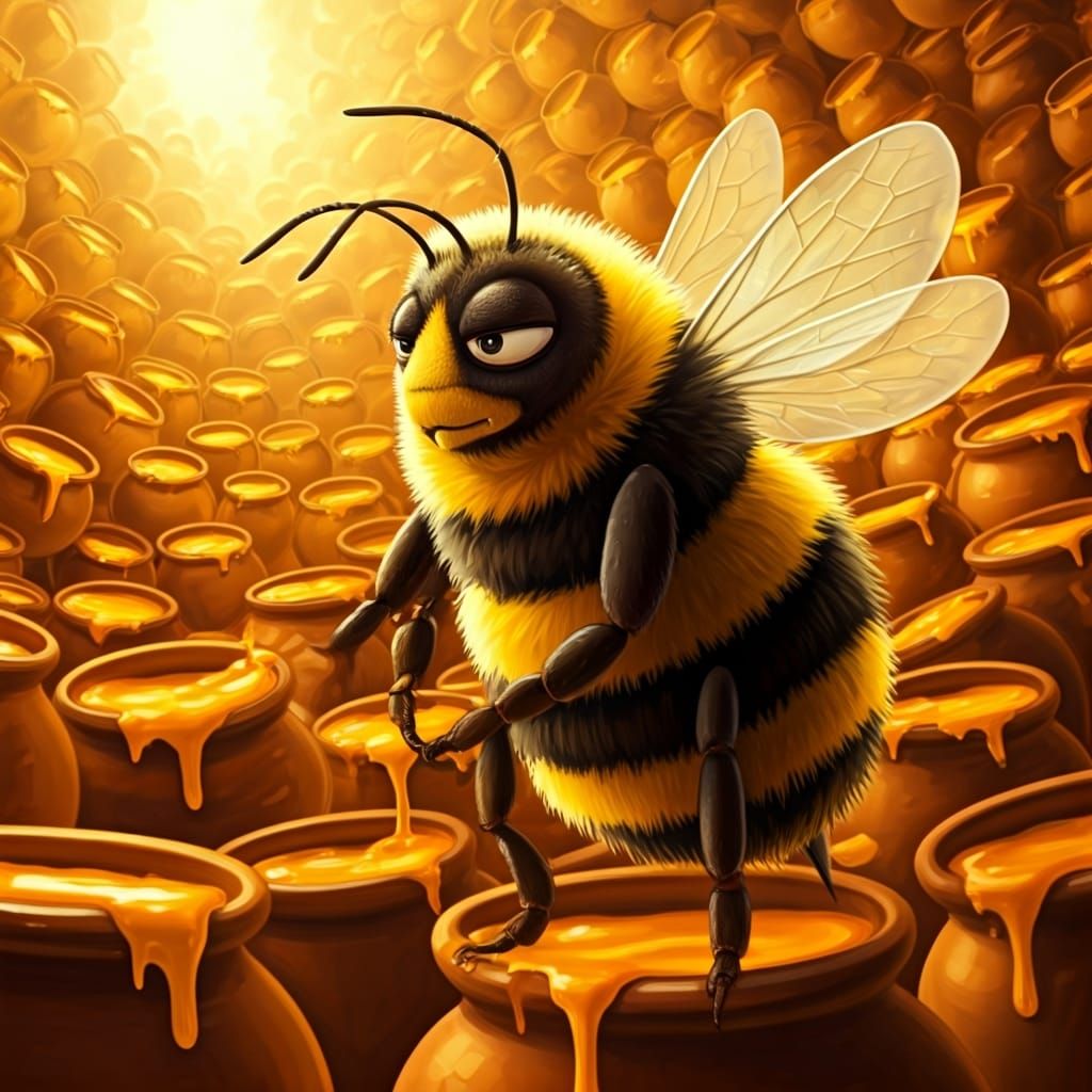 Annoyed Bee Closing Infinite Honey Pots, Miyazaki-esque