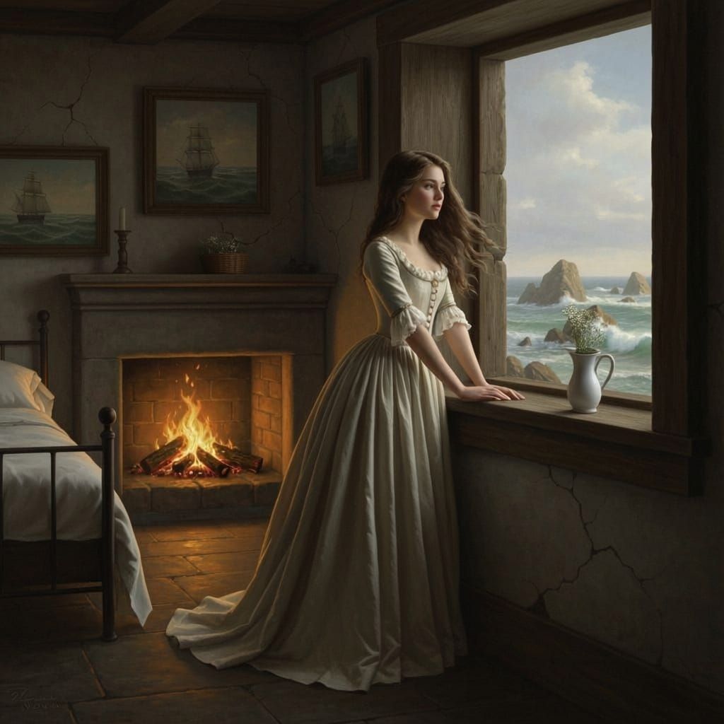 Regency Woman Gazes at Sea from Cottage Window