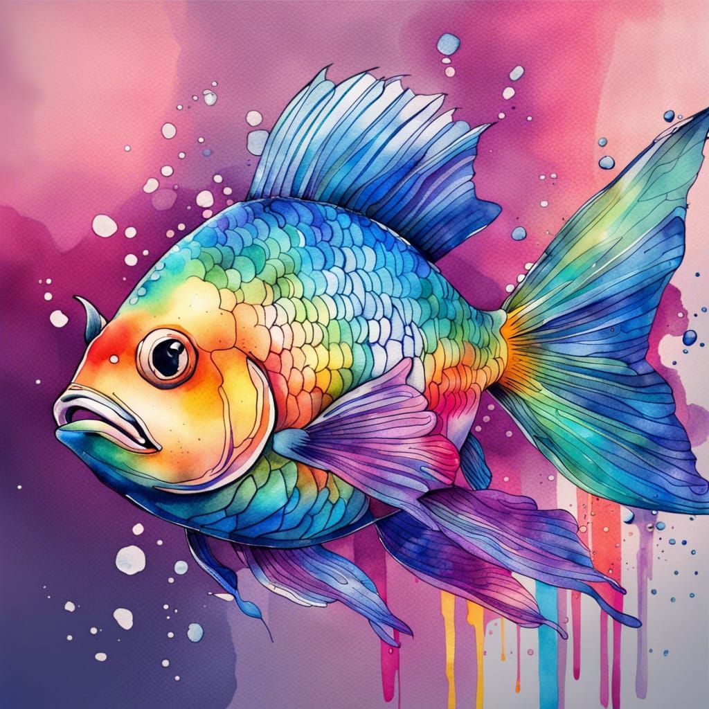 Watercolor Rainbow Fish: Hand-Drawn Style