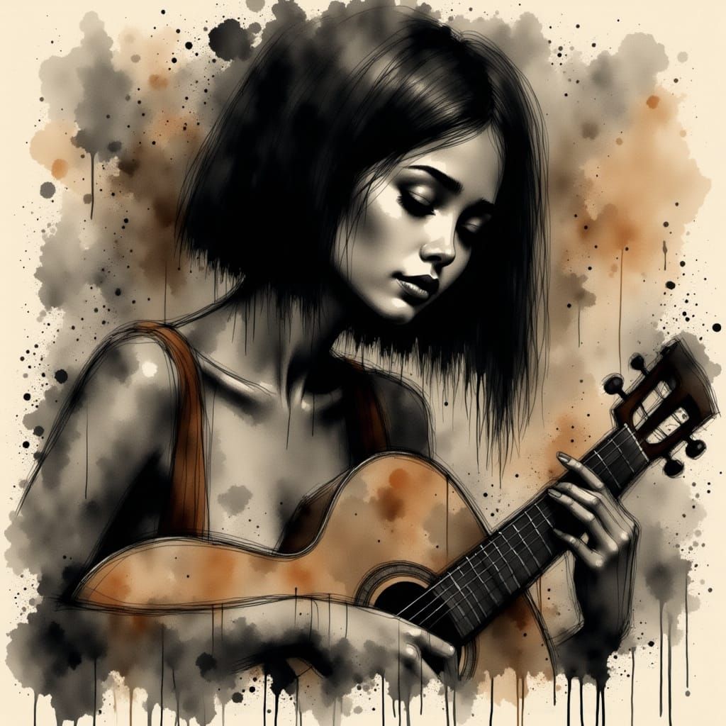 Impressionistic Ink Art of Woman Playing Archtop Guitar