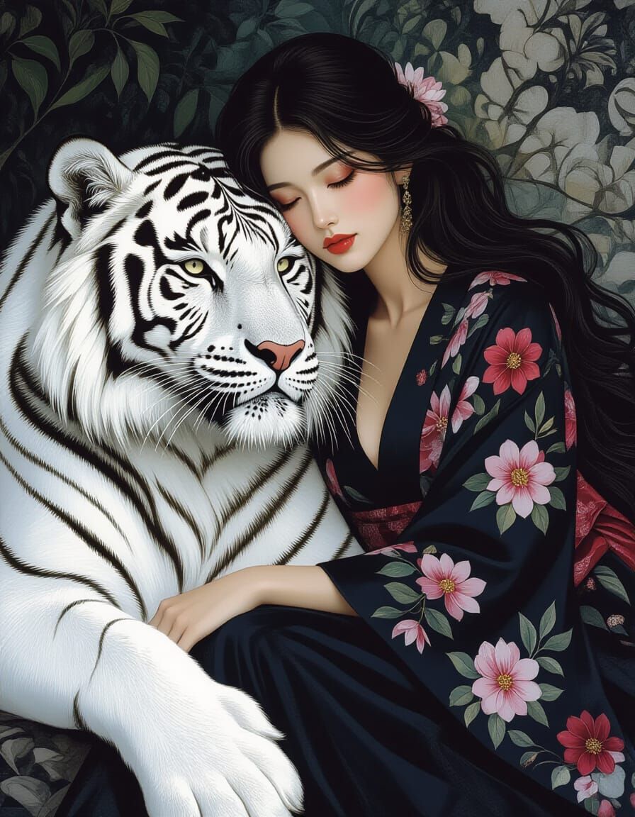 Woman and White Tiger in Dramatic Monochromatic Style