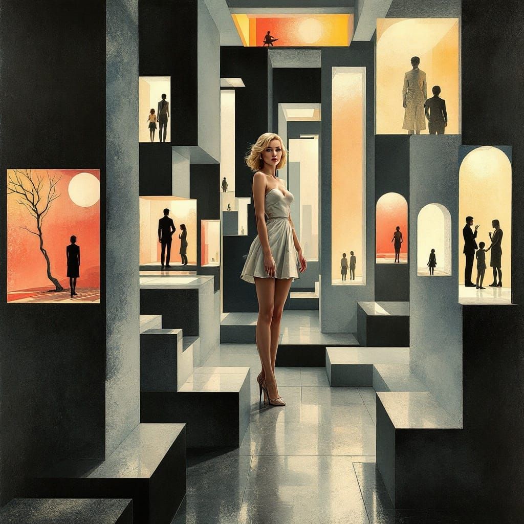 Cubist Pin-Up with Luminous Light and Woodblock Textures