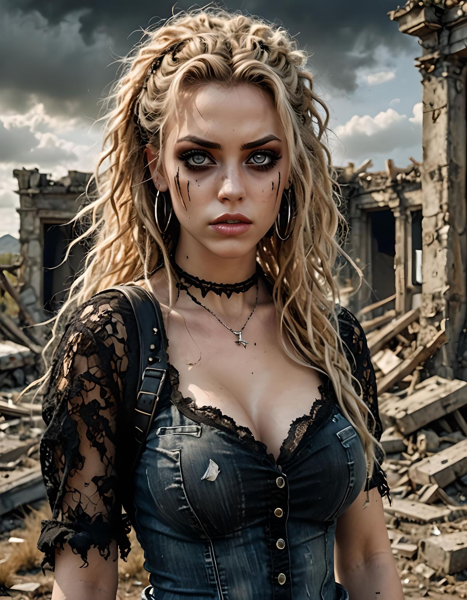 Expressive Woman in Post-Apocalyptic Ruins