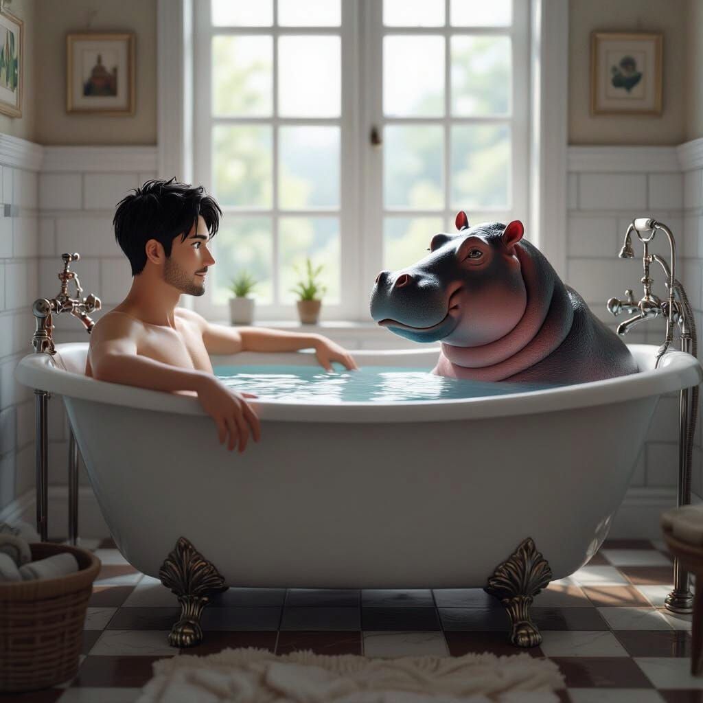 Man and Hippo Share a Bath in 3D Anime Style