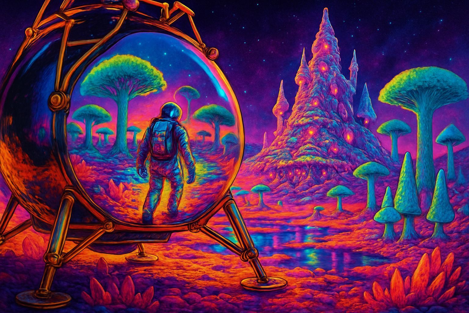 Astronaut Explores Psychedelic Alien Fungal Castle