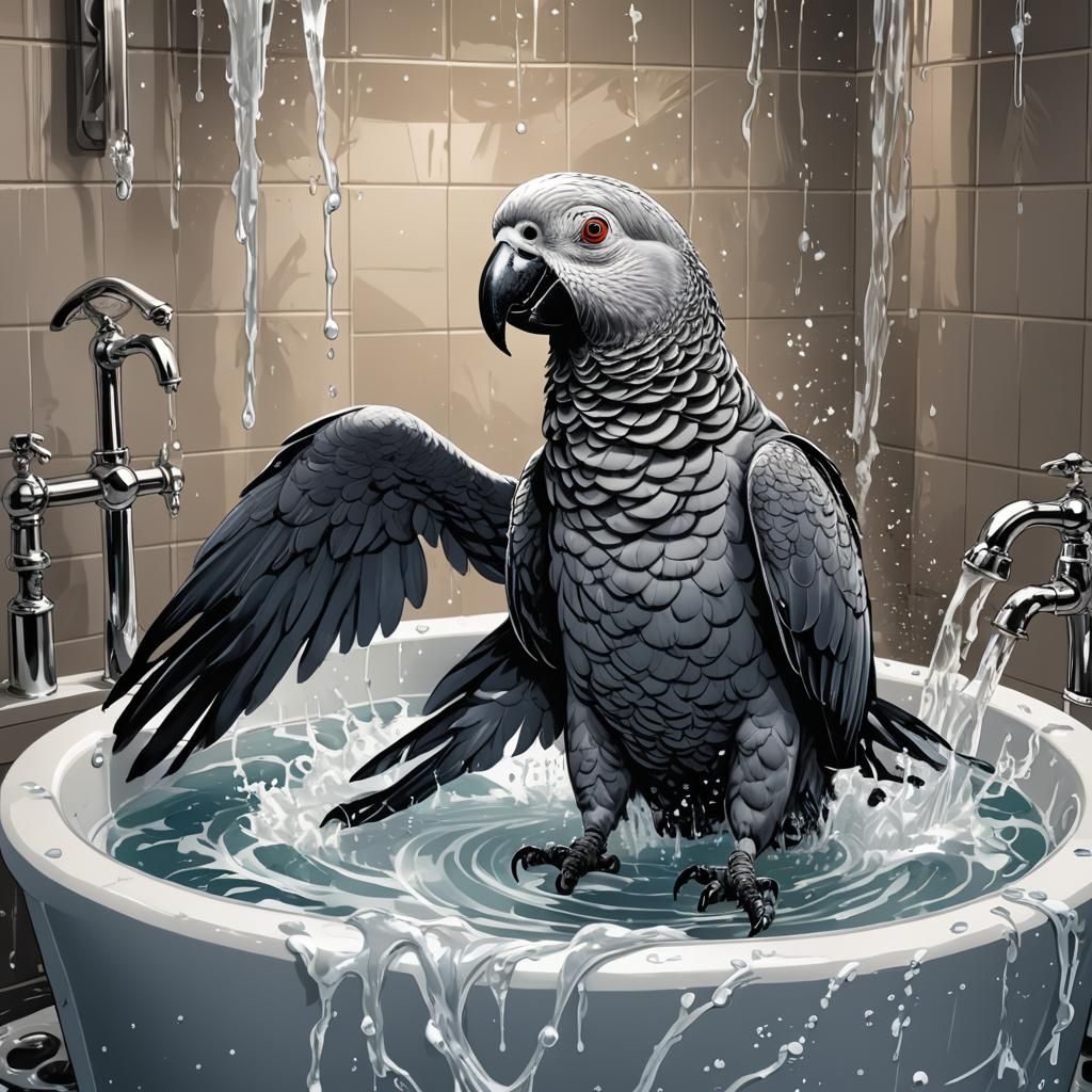 African Grey Parrot Bathing in Comic Book Style