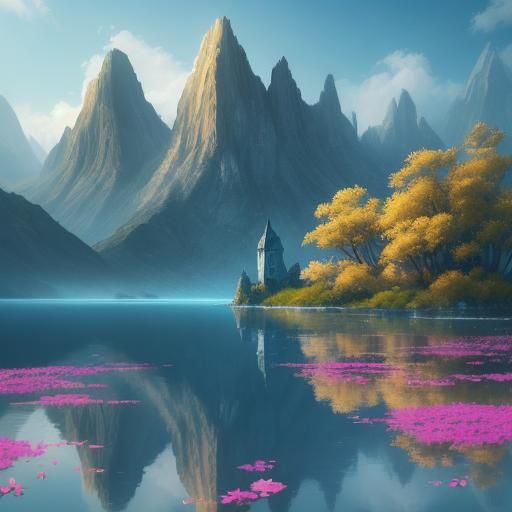 Flower Blooms on Serene Lake in Fantasy Art