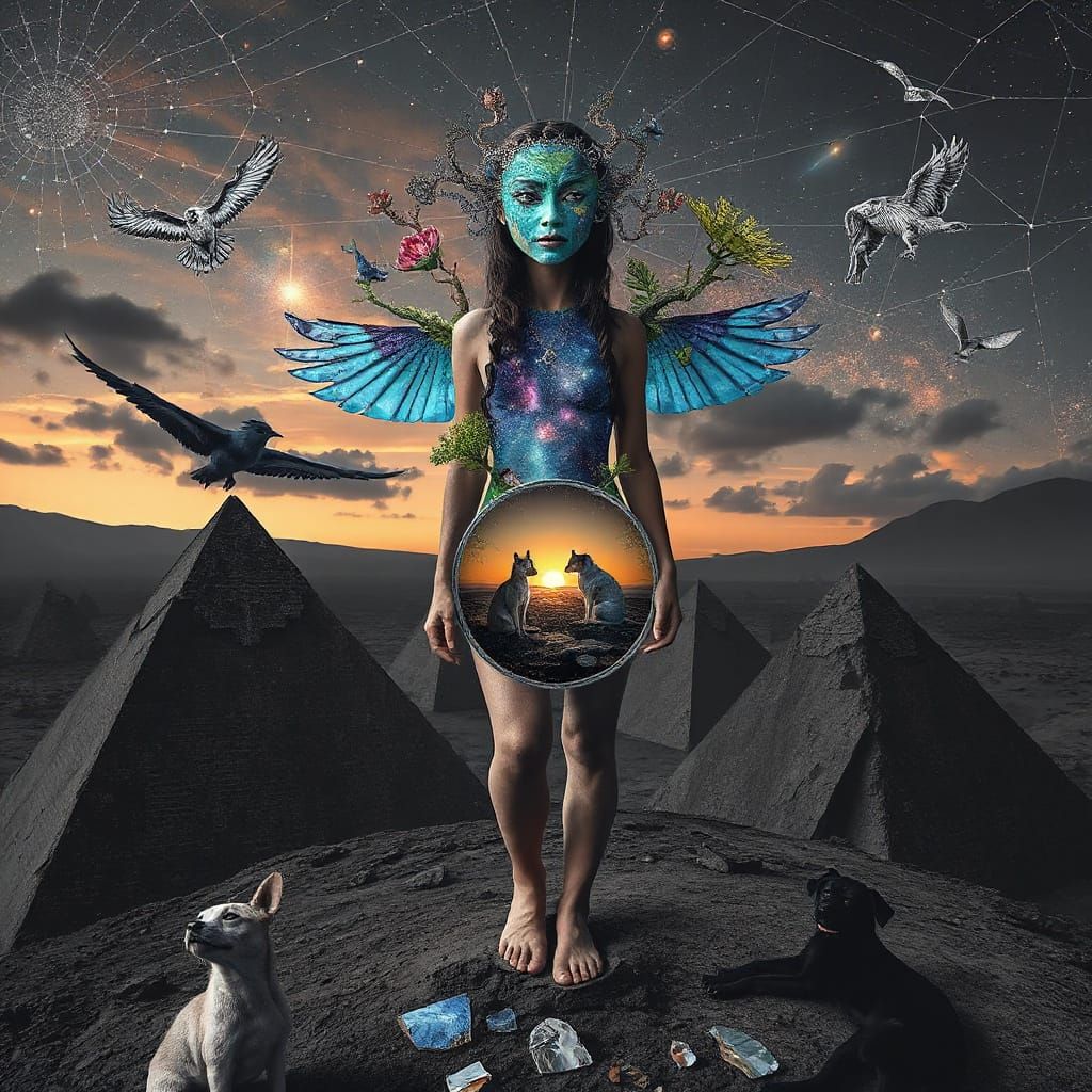 Mystical Woman as Living Ecosystem with Cosmic Sky