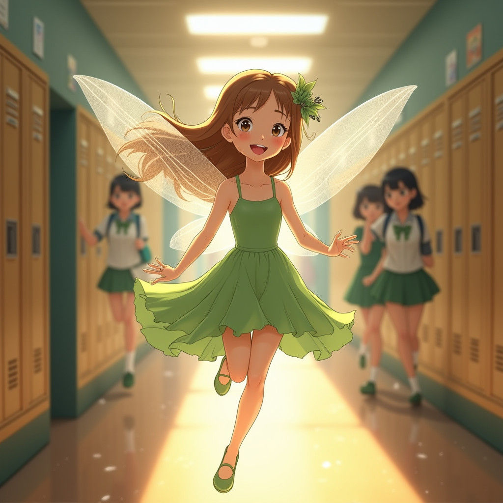 Whimsical Schoolgirl Angel in Soft Gown and Delicate Wings