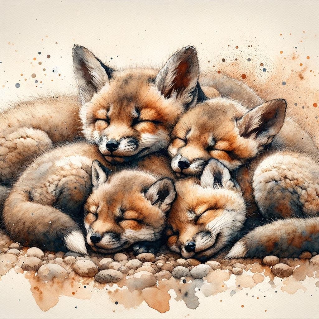 Sleeping Fox Pups in Watercolour Painting