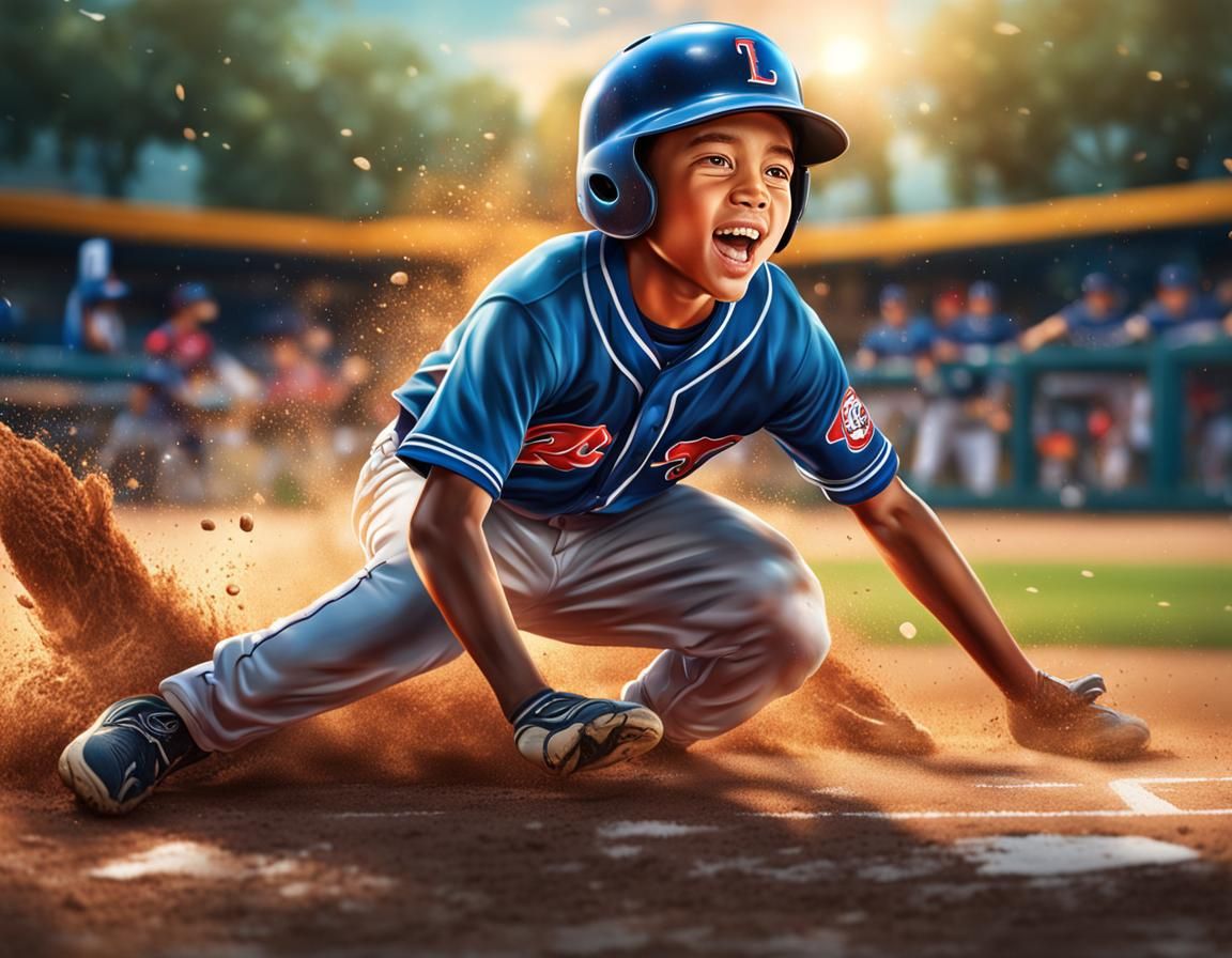 Little league Baseball kid sliding into home base Hyperreali...