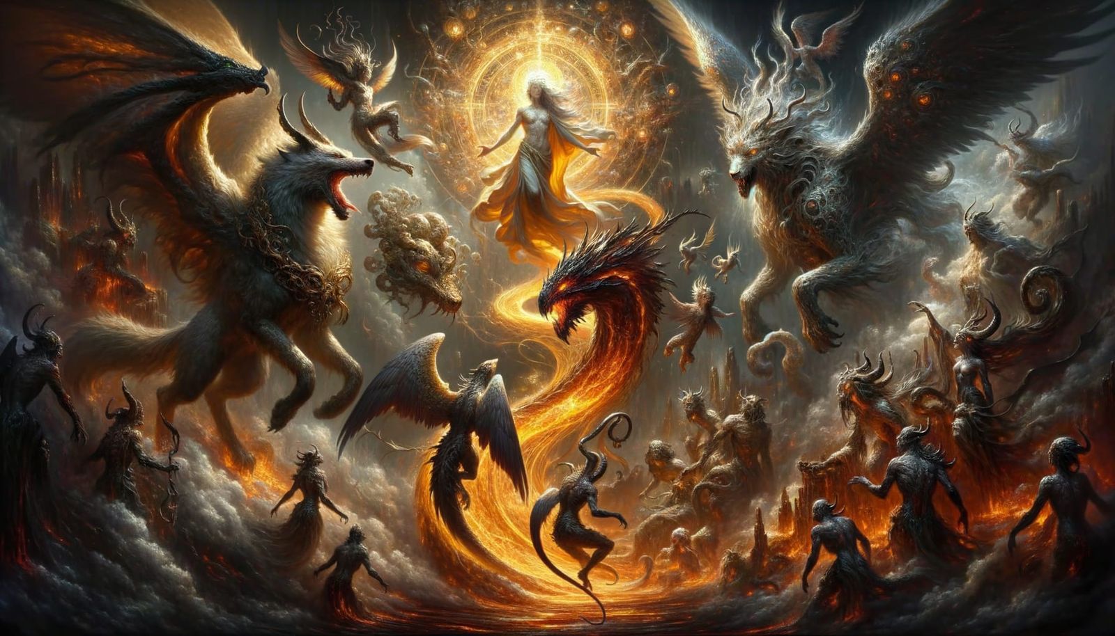 Baroque Dark Fantasy Scene: Wolf-Dragon and Phoenix-Dryad Hy...