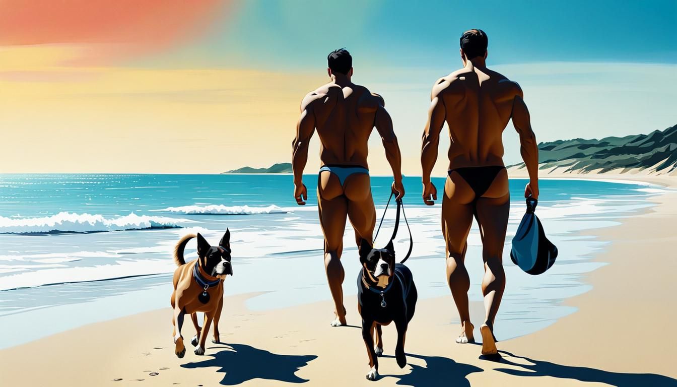 Abstract Beach Scene: Men and Dog in Complementary Colors