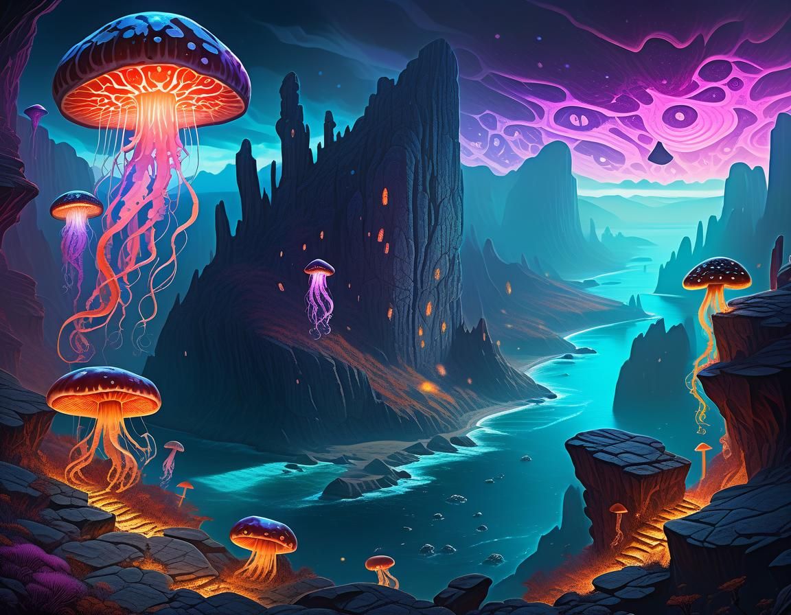 Dark Fantasy Landscape with Bioluminescent Flora