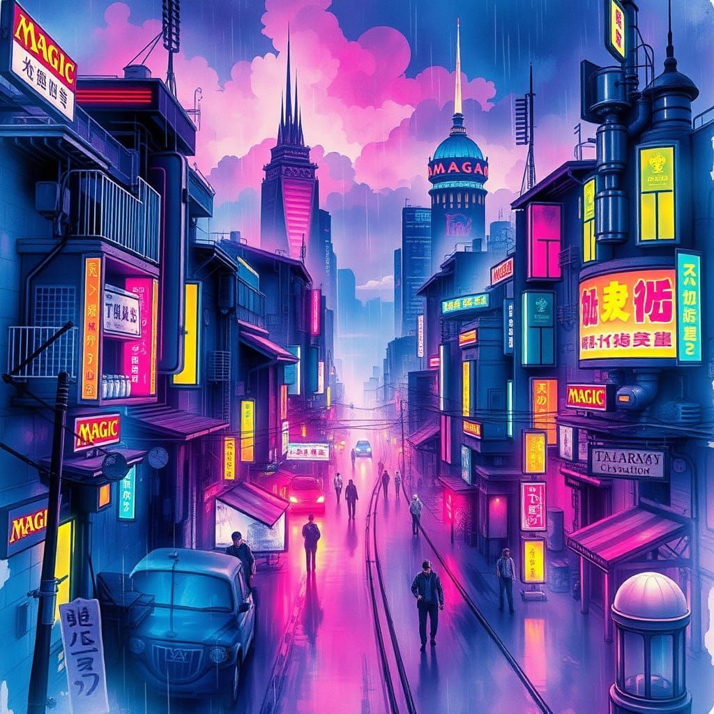 Cyberpunk Kamigawa Cityscape in Neon Ink Art