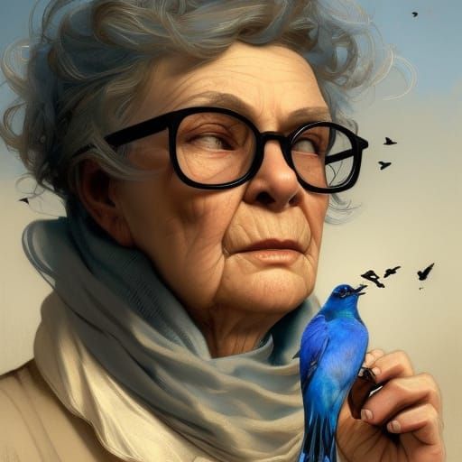 Detailed Portrait of Old Lady with Bluebird