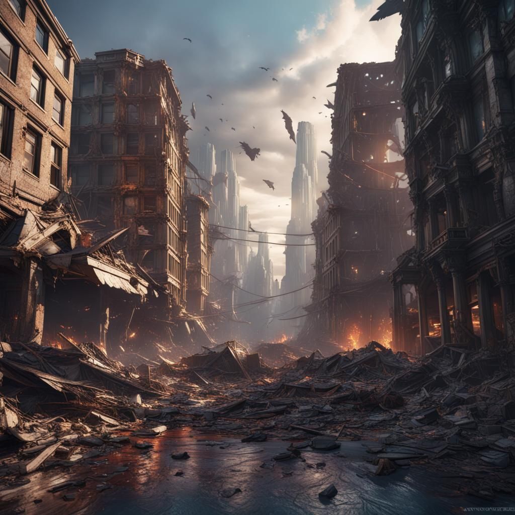Cityscape Ruins After Superhero Battle