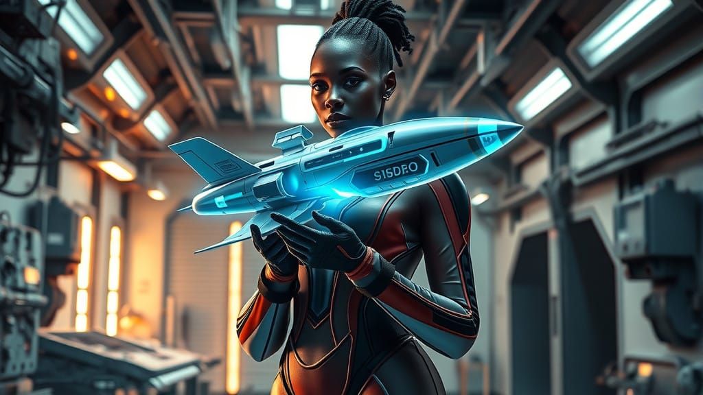 Futuristic Woman Holographs a Damaged Quin-Jet in a Polished...